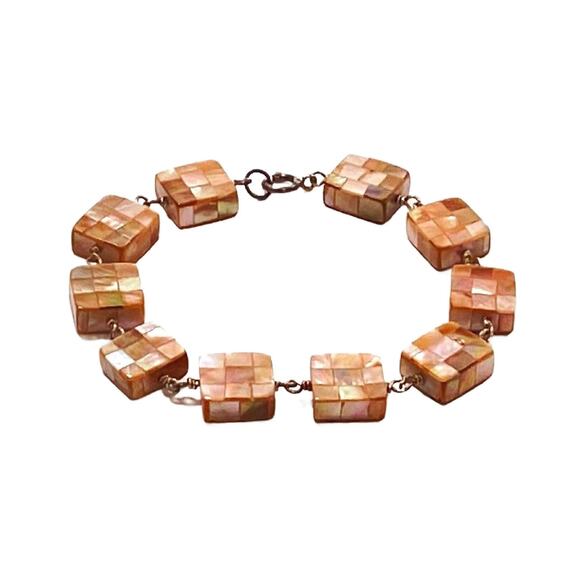 Vintage 925 Sterling Silver Mother of Pearl Mosaic Chunky Bracelet 7